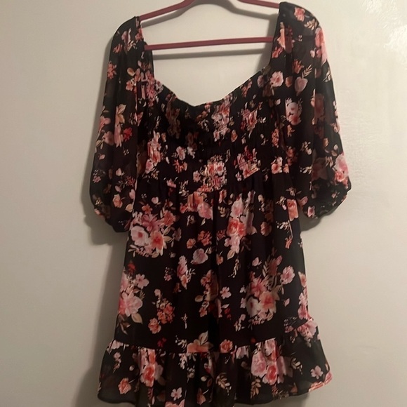 🌺Lily Rose Floral Split Back Black 3/4 Sleeve Mini Dress Women Size M BOHO
